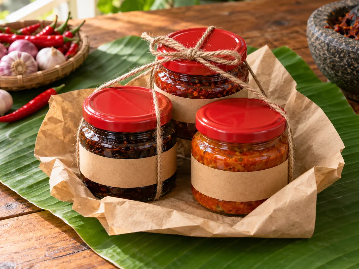 Gambar contoh: tiga balang sambal diikat tali sebagai set hadiah