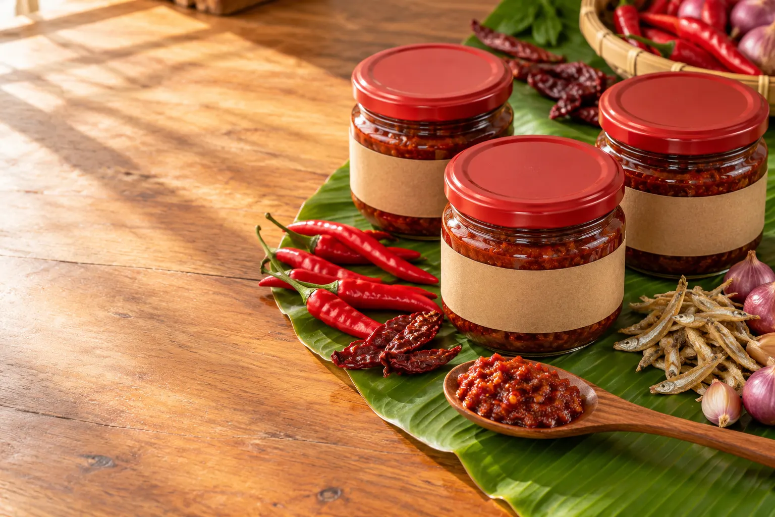 Gambar contoh: tiga balang sambal di atas daun pisang, dengan cili, bawang dan ikan bilis