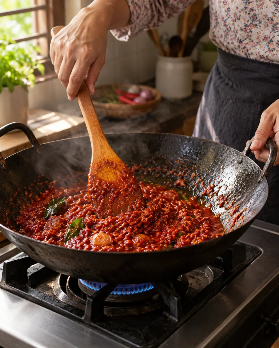 Gambar contoh: tangan mengacau sambal dalam kuali di dapur rumah